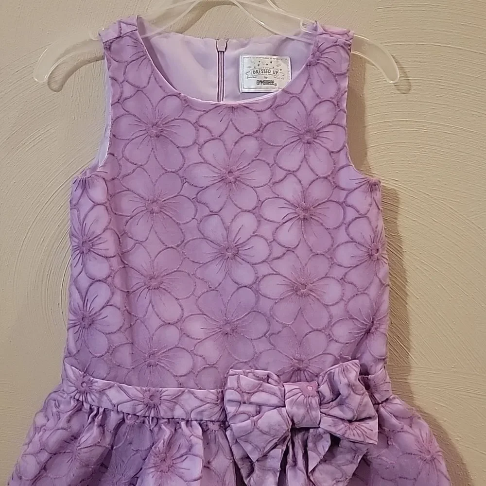 DRESSED UP BY GYMBOREE LILAC DROPPED WAIST FLORAL PRINT DRESS WITH BOW, SIZE 5